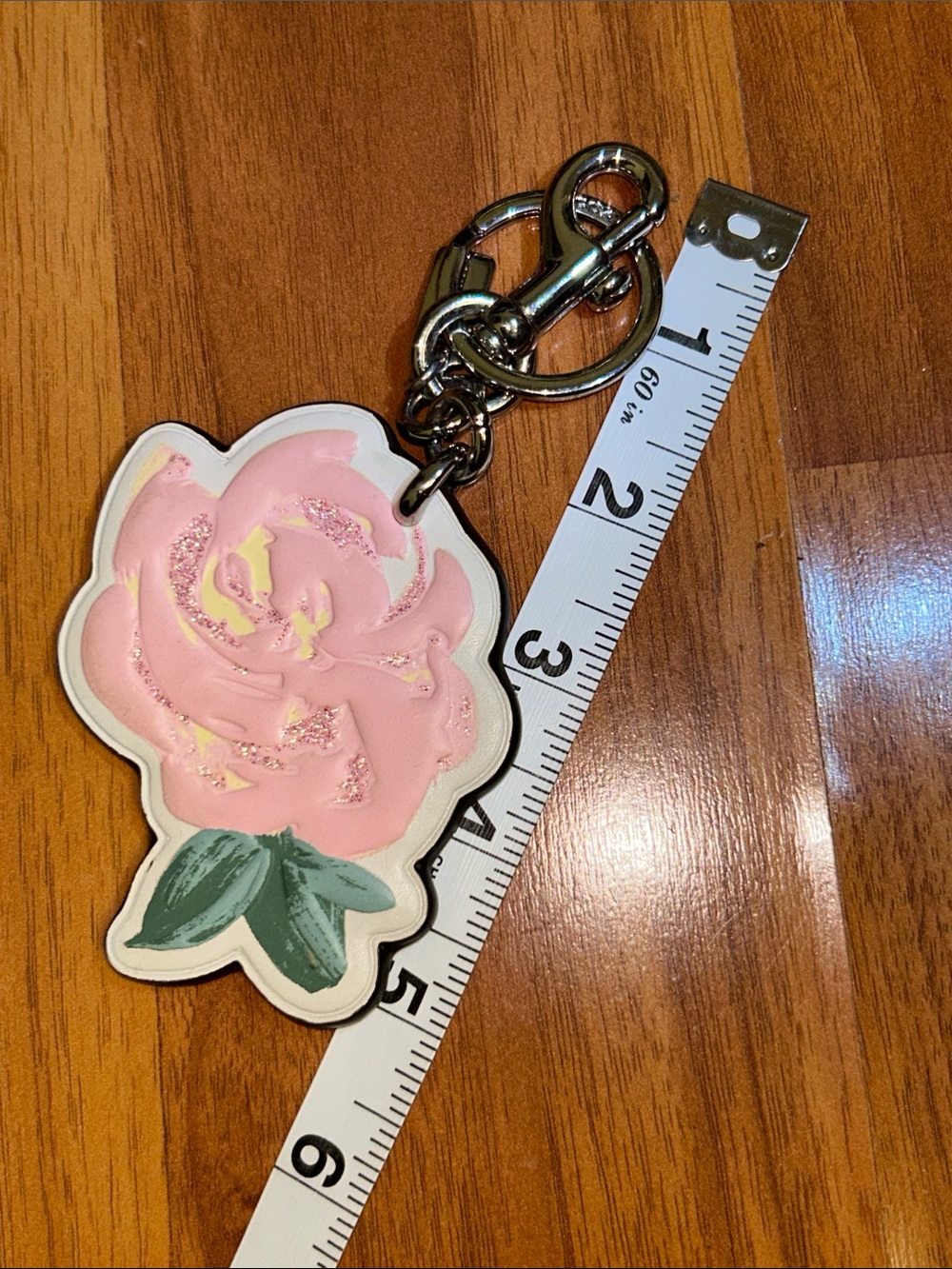 Coach Tea Rose Pink Glitter Leather Bag Charm Keychain - Picture 4 of 12